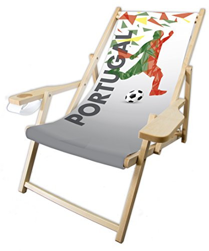MultiBrands® Holz-Liegestuhl, mit Armlehne und Getränkehalter, Klappbar, Portugal, WM, Fanartikel, 2018