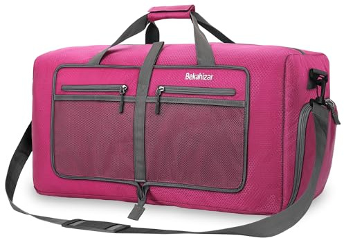 Bekahizar Travel Duffle Bag 60L Lightweight Foldable Holdall Duffels Large Weekend Overnight Bag Packable Carry On Luggage with Shoe Compartment for Men Women Camping Storage Gym Beach (Rose Red)