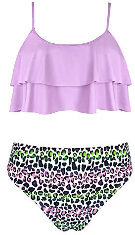 SHEKINI Costumi da Bagno per Donna Bambina Bikini Due Pezzi Madre e Figlia Carino Elegante a Balze Regolabile Halter Stampato Bikini Famiglia Beachwear (6-8 Anni, Viola Chiaro)