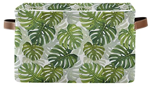 Mnsruu Large Foldable Storage Basket, Tropical Pattern Green Leaves Fabric Storage Bin Organizer Bag with Handles 15 x 11 x 9.5 inch