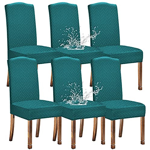 KELUINA Stretch wasserdichte Jacquard mit langem Gitter Esszimmer Stuhlhussen Home Decor, Stuhlhussen für Esszimmerstühle Restaurant Hotel Zeremonie (Pfauengrün,6 Stück)