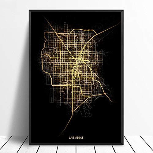 Leinwand Bild, Las Vegas Schwarz & Gold Stadt Lichtkarten Poster Benutzerdefinierte Welt Kunst Leinwand Malerei Wandkunst für Wohnzimmer Home Decor,20 * 30cm