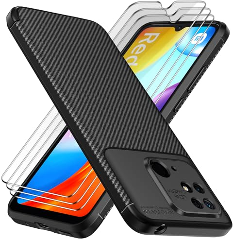 ivoler Hülle für Xiaomi Redmi 10C / Poco C40 mit 3 Stück Panzer Schutz Glas, Militärischer Stoßfest Kratzfest Handyhülle, Dünne Weiche TPU Silikon Schutzhülle Anti-Fingerabdruck Case, Schwarz