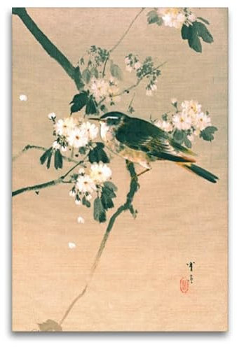 Premium Textil-Leinwand 80 x 120 cm Hochformat Premium Textil-Leinwand 80 cm x 120 cm hoch Watanabe Seitei (1851–1918): Vogel auf einem blühenden Ast, ca. 1887 | Wandbild, HD-Bild auf Keilrahmen, Wan
