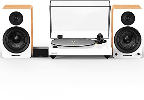 Fluance Reference RT85N High Fidelity Vinyl Turntable (White), PA10 Phono Preamp, Ai61 Powered 6.5 Bookshelf Speakers (Lucky Bamboo), Nagaoka MP-110 cartridge, 120W Class D Amplifier, Bluetooth