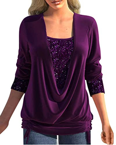 Minetom Damen Weihnachten Bluse Hemd Elegant Pailletten Tunika Casual Langarm T-Shirt Druck Shirts Blumen Oberteil Tops D Violett 3XL