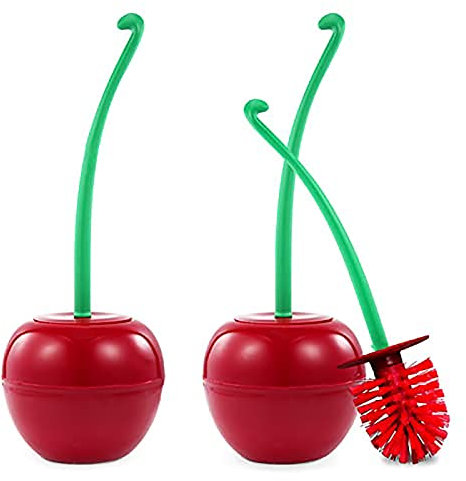 Lot de 2 brosses de toilette en forme de cerise, avec bol sur pied, long manche et base de rangement (rouge)