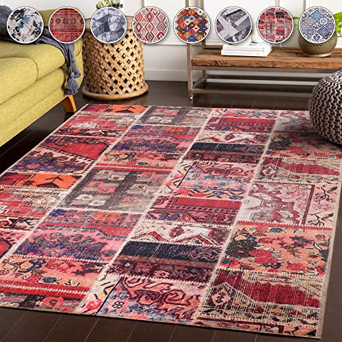 NETLINE HOME Waschbarer Flachgewebeteppich, rutschfest, Kurzflor Vintage Teppich, Boho-Design, faltbar für Schlafzimmer – Bunt