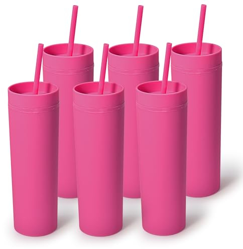 sweet grain Skinny Tumblers with Lids and Straws(6 Pack) - 16oz Matte Pastel Colored Skinny Acrylic Tumblers, Double Wall Plastic Tall Skinny Tumblers Bulk for Cold Hot Drinks - Rose Red
