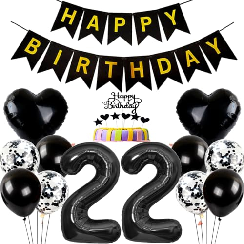 Conruich Geburtstagsdeko 22 Jahre Mann Frau, Ballon 22. Geburtstag Deko Mann, Tortendeko Geburtstag 22 Jahre Frau, Folienballon Zahl 22 Schwarz, Happy Birthday Banner für 22 Jahr Geburtstag Party Deko