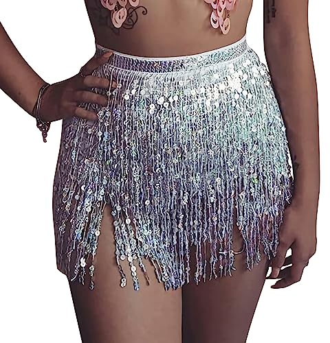 Durio Glitzer Fransen Pailletten Quasten Rock - Bauchtanz Kostüm Festival Damen Rave Kleidung - Silber Einheitsgröße