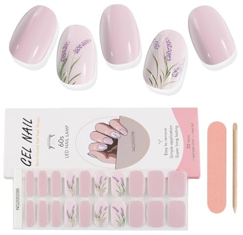 EBANKU 20PCS Gel Nail Stickers, Purple Lavender Gel Nail Strips Long Lasting Gel Strips for Nails UV Gel Nail Stickers with Nail File & Wooden Stick for Women Manicure