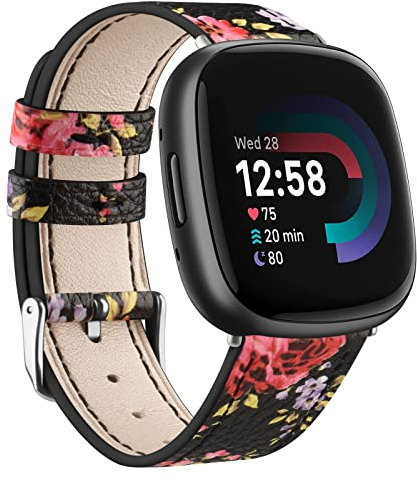 Vancle für Fitbit Versa 4 Armband/Fitbit Versa Sense 2 Armband Leder Damen Herren,Weiches Atmungsaktives Leder Sport Armband Ersatzarmbänder für Fitbit Versa 3/Fitbit Versa Sense(SchwarzRosa Blume)