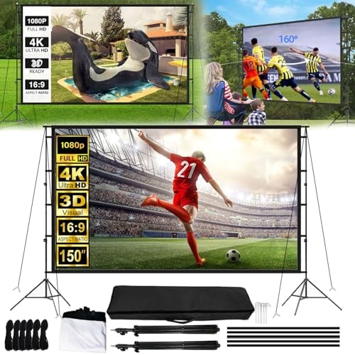 Schermo Per Proiettore, 150 Pollici/3,3 * 1,87m Schermo Proiezione Con Supporto Pieghevole Schermo Cinematografico Portatile HD 16:9 4K 1080P Con Borsa Per Il Trasporto Altezza Regolabile