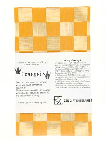 ZEN GIFT ENTERPRISE Japanisches Handtuch Tenugui mit Ausfransvorbeugung, traditionell, Ichimatsu-Karo-Muster, goldgelb, 33 x 88 cm, hergestellt in Japan, Z-T1-9
