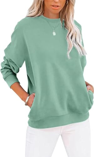 BUHIM Sweatshirt Damen Pullover Rundhals Langarmshirt Herbst Winter Pulli Baumwolle Casual Langarm Oberteile Tops mit Taschen (Grün, XXL)