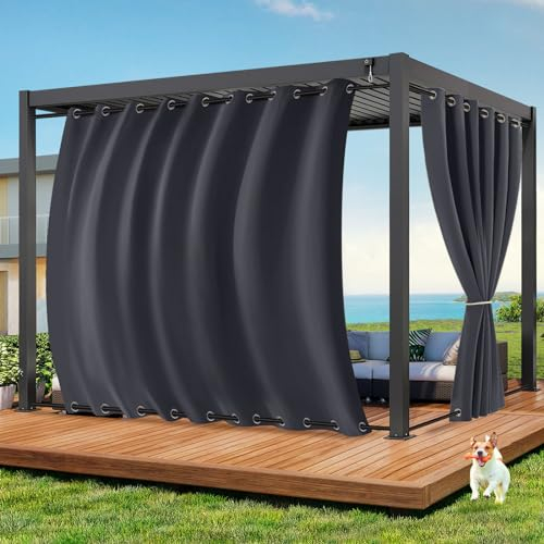 Qelus Outdoor Vorhang Wetterfest B254xH243CM, Wasserdicht Outdoorvorhänge mit Ösen, Aussen Gardinen Winddicht Sonnenschutz Sichtschutz für Garten Terrasse Balkon Pergola Pavillon (Grau)