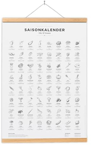 Saisonkalender für Obst & Gemüse mit magnetischer Posterleiste, Küchenkalender, Wandkalender für jedes Jahr, Produkt-Nachhaltigkeit zertifiziert. (Schwarz/Weiß, A2 (42,0 x 59,4 cm))