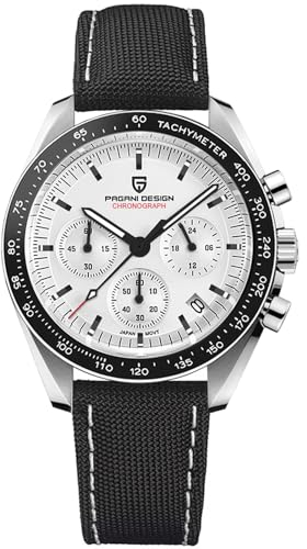 Pagani Design 1701 Herrenuhr, Herren Quarz-Chronograph, weißes Zifferblatt, Japanisches VK63-Uhrwerk, Edelstahlarmband, 100 Meter wasserdichte Sportuhr. (1701-Heller Mond-B)