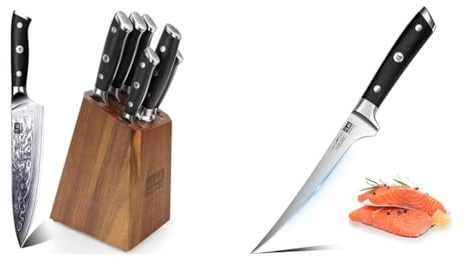 SHAN ZU Damaskus-Messerblock-Set der PRO-Serie, 5 Messer und 1 Honstahl mit Premium-Holz-Messerblock & Filetiermesser 7 Zoll - Randentbeinung von Fisch und Fleisch, professionelles Fischmesser
