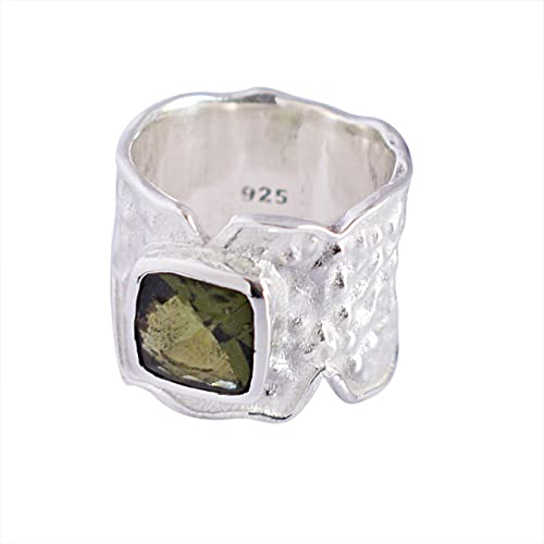 SILCASA Moldavit, quadratisch, natürlicher Edelstein, Wibe-Band, 925er Sterlingsilber, Ringe, Heilschmuck, 51 (16.2)