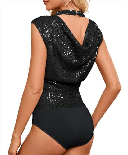 Kate Kasin Damen Ärmellos Sexy Party-Shirt-Oberteil Pailletten Oberteil Schwarz S