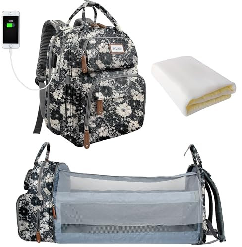 SNDMOR Wickeltasche Rucksack, Baby Wickeltasche mit Wickelstation, Große Unisex Babytasche mit Wickelunterlage, Großes Fassungsvermögen, Wasserdicht und Stylisch (Blumen)