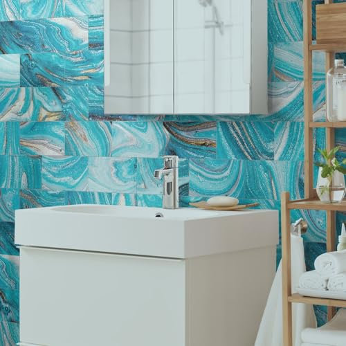 Fliesenaufkleber Hellblau Für Küche Und Bad,Vinyl-Küchenrückwand Klebefliesen,Wasserdicht Ölfest ​Klebefliesen Küche Zum Abziehen Und Aufkleben,Pvc Fliesenaufkleber Bad 64 PC(10X20CM)