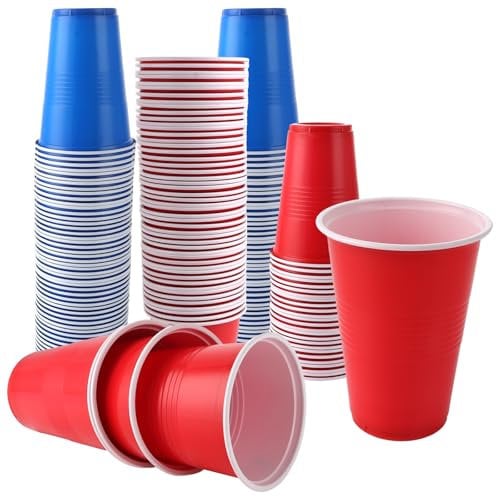 ASelected 100Pcs Plastic Cups 50 Red Plastic Cups 50 Blue Plastic Cups 16 Zo for Birthday,Party,Picnics, Weddings, Christmas, Anniversary Reusable