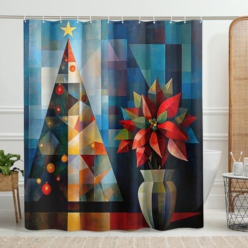 Rideau de douche motif arbre de Noël, décoration géométrique colorée de salle de bain, ensemble de rideaux en tissu imperméable artistique moderne avec crochets 183 x 198 cm