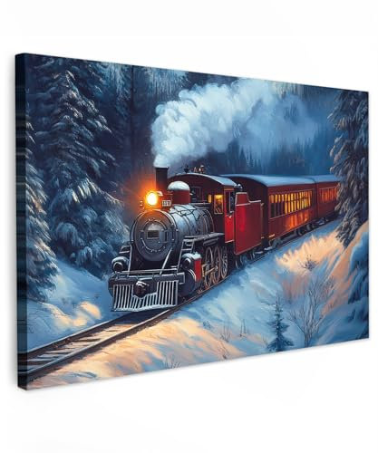 MuchoWow© Weihnachtsdeko Leinwand Bilder 90x60 cm Wanddeko Wohnzimmer Weihnachtsgeschenke Deko Zimmer Wandbilder Modern Bild auf Leinwand Geschenk Zug - Weihnachten - Schnee - Weihnachtszug