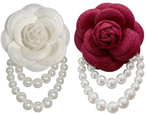 2 Pièces Broche en Laine avec Fleur de Camélia et Perle, Broche en Forme de Fleur de Camélia en Tissu et Perles, Élégantes Épingles Florales pour Femmes, Chapeau, Robe, Chemise, Cravate