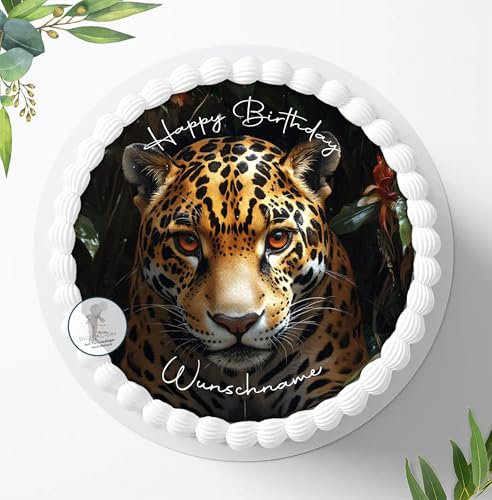 Tortenaufleger Safari, Leopard Motiv für Jungen u. Mädchen zum Geburtstag, Personalisiert mit oder ohne Wunschname Tortenbild, Essbares Foto für Torten, Deko aus Fondant, Ø 20cm - 2199z
