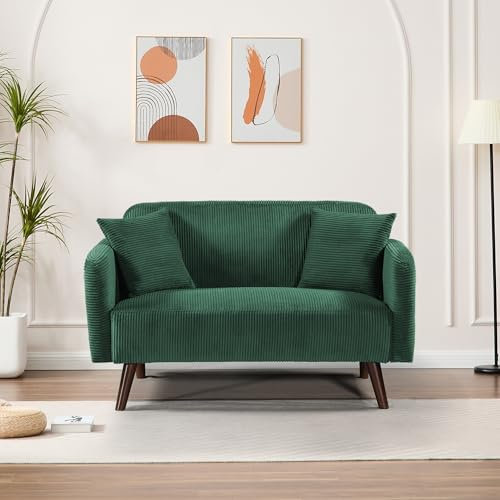 [en.casa] Sofa 2-Sitzer Midt Couch mit Rückenlehne und Armlehnen 132 x 70 x 81 cm mit Holzfüßen max. 320 kg Polstersofa mit 2 Kissen Wohnzimmer Cord Grün