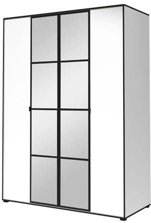 FurnitureByJDM Klassischer Kleiderschrank mit Spiegel – Shrank 4 türen, Kleiderstange & 5 Regalböden – 150 cm Breit 206 cm Höhe 65 cm Tiefe - Oslo I (Weiß/Schwarz)