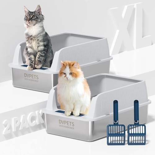 Edelstahl-Katzentoilette, extra große Katzentoilette für große Katzen, XL Metall-Katzenklo mit hohen Seitenwänden, antihaftbeschichtet (2PK-Light Grey, 24 L x 16 W x 11 H)