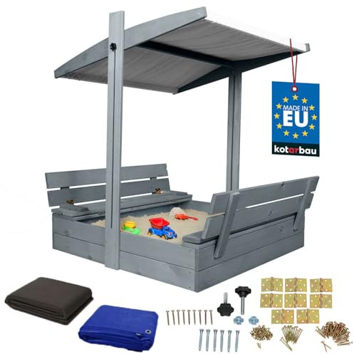 KOTARBAU® Sandkasten mit Abdeckung 100 x 100 cm Großer Grau Holzsandkasten mit Grau Dach Sandkasten mit Deckel Sandkasten mit Dach Gartenspielzeug Kinder imprägniert verschließbar mit Bänken