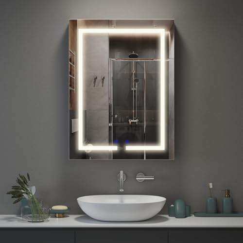 Luxstein Bathroom Mirror Cabinet 600 x 800 mm with LED Lights, Touch Control, 3 Colour Dimmable Illuminated Mirror, Demister Pad & Shaver Socket