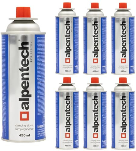 Alpen Camping 7-er Pack Butangas Kartusche 250g 450ml | Stechkartusche für Gaskocher Lötbrenner Bunsenbrenner Camping Herd Outdoor Kochen Nachfüllbare Gasflasche EN 417 Kompatibel (7 Stück)