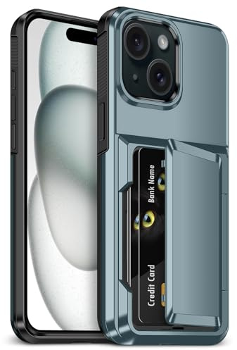 Vofolen for iPhone 15 Case with Card Holder Heavy Duty Military Grade Shockproof Protective Phone Cover Rugged Hard Back Hidden Flip Wallet Cases for iPhone 15 Phone Case-Navy