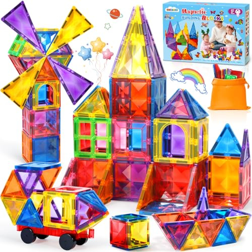 Magnetische Bausteine 60 Teile, Magnetbausteine Kinder Bauspielzeug Mit 1 Autos, Magnetic Tiles Lehrreiches Magnetspielzeug, Montessori Spielzeug Geschenke Für Ab 3+ Jungen Und Mädchen
