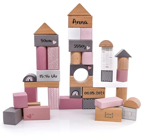 Mainely Personalisierbare Holz-Bausteine 50-teilig (Rosa) – fördert Feinmotorik & Kreativität – für Kinder ab 2 Jahren – personalisiert mit Namen & Geburtsdaten – Label Label
