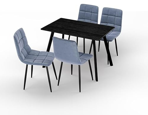 URBNLIVING 110cm Dining Table & 4 Velvet Chairs Set – Modern Metal Frame Kitchen Furniture, Contemporary Dining Room Set - Black Wood Table Madison Blue Chair