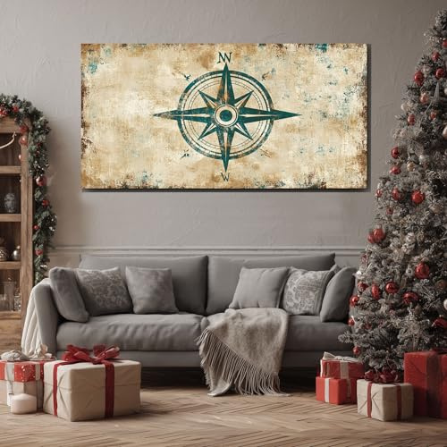 ZORYAN Bussola Rustica Quadri Moderni per Camera da Letto Cartografia Grunge Quadro su Tela Grandi Dimensioni Rosa Dei Venti Antica Arte da Parete per Soggiorno Ufficio Senza Cornice 60x120cm