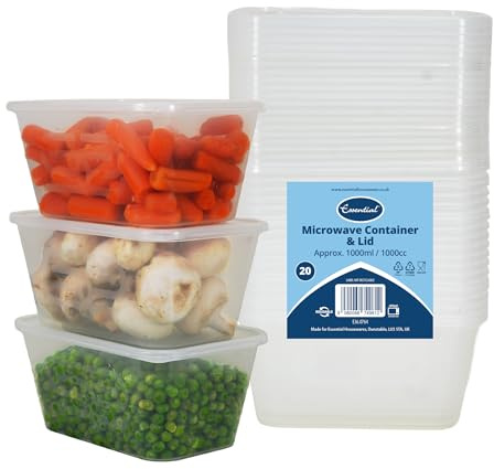 Euro Classic Essential Housewares 20 Plastic Food Containers with Lids - 1000ml. BPA-Free Leak-Proof Plastic Lunch Box Meal Prep Containers Reusable. Lunchbox Snack Box Food Storage Containers.