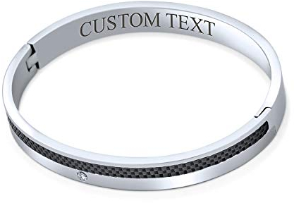 Bling Jewelry Personalisiert Unisex Stapelbar 8MM Schwarz Kohlefaser Inlay Flacher Armreif Armband Silberton Edelstahl Für Männer Frauen Teenager 8 Zoll Custom Gravur
