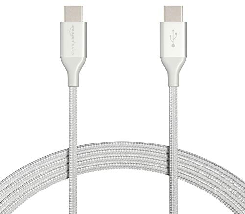 Amazon Basics Câble de charge rapide USB-C vers USB-C 2.0, cordon tressé en nylon, 480 Mbit/s, certifié USB-IF, pour Apple iPhone16/15,iPad,Samsung Galaxy,tablettes,ordinateurs portables, 3 m,argent