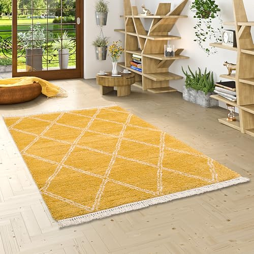 Pergamon Hochflor Langflor Shaggy Teppich Boho Rauten Curry in 5 Größen