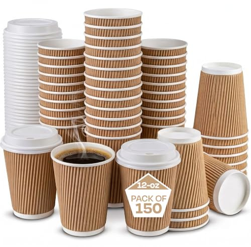 We Can Source It Ltd 150 x 12oz Ripple Brown Kraft Paper Cups - 3-PLY Disposable Insulated Coffee Cups with Secure White SIP Through Lids - Leak-Proof Durable Paper Cup for Tea, Coffee & Hot Beverages