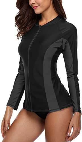 Charmo Women Zip Long Sleeve Rash Vest UPF 50+ Rashguard Shirts Swimwear Tops Black/Grey XL